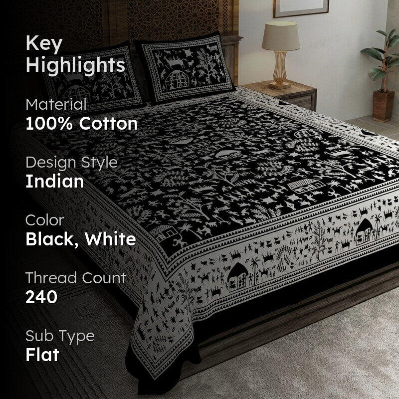 Warli Cotton Bedsheet (Black,White) - 240 TC media 2