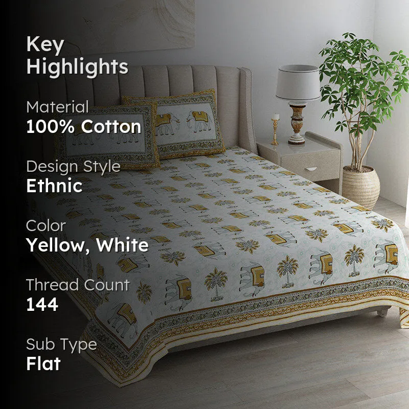 Palms & Tusks Cotton Bedsheet (Yellow) - 144 TC media 2