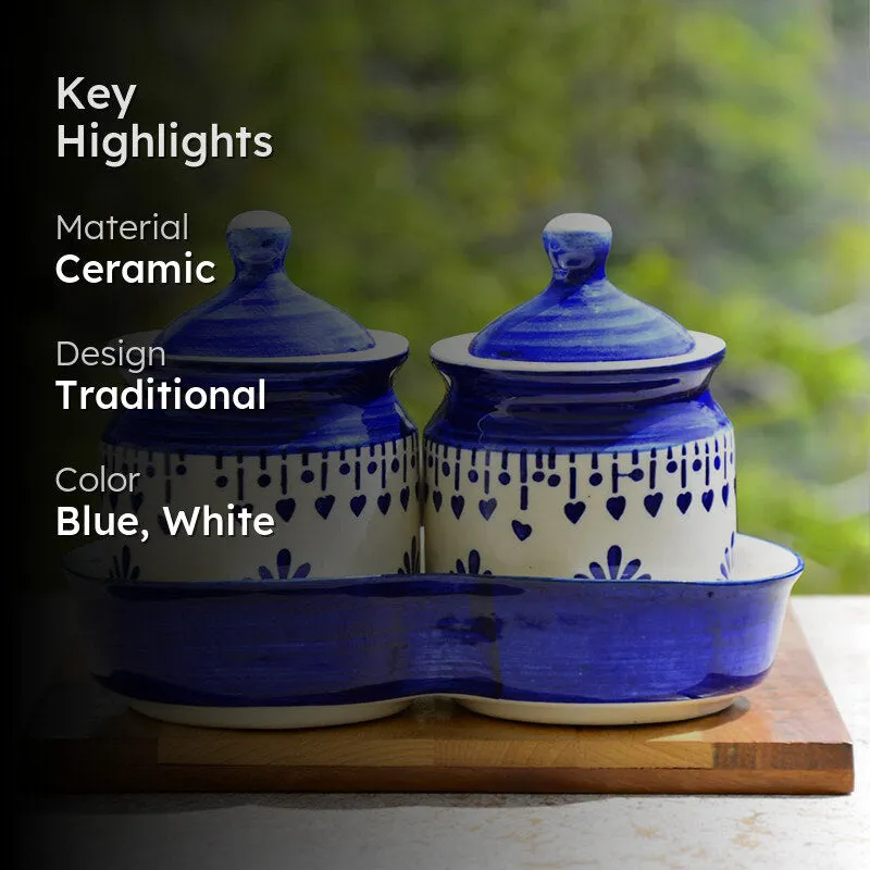 Sabai Ceramic Jar With Tray (Blue/225 mL) - Three Piece Set media 2
