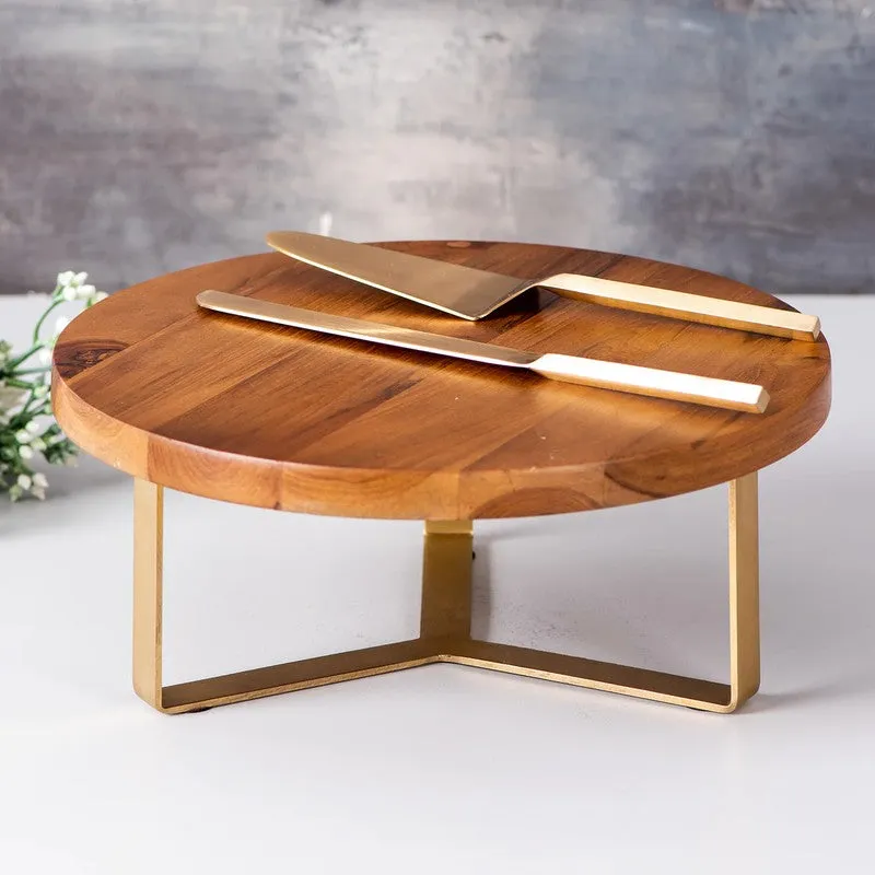 Delicia Teak Wood Cake Stand With Knife and Server (Brown,white) - Three Piece Set media 1