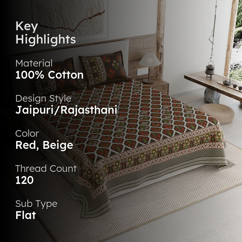 Desert Bloom Cotton Bedsheet (Red,Beige) - 120 TC media 2