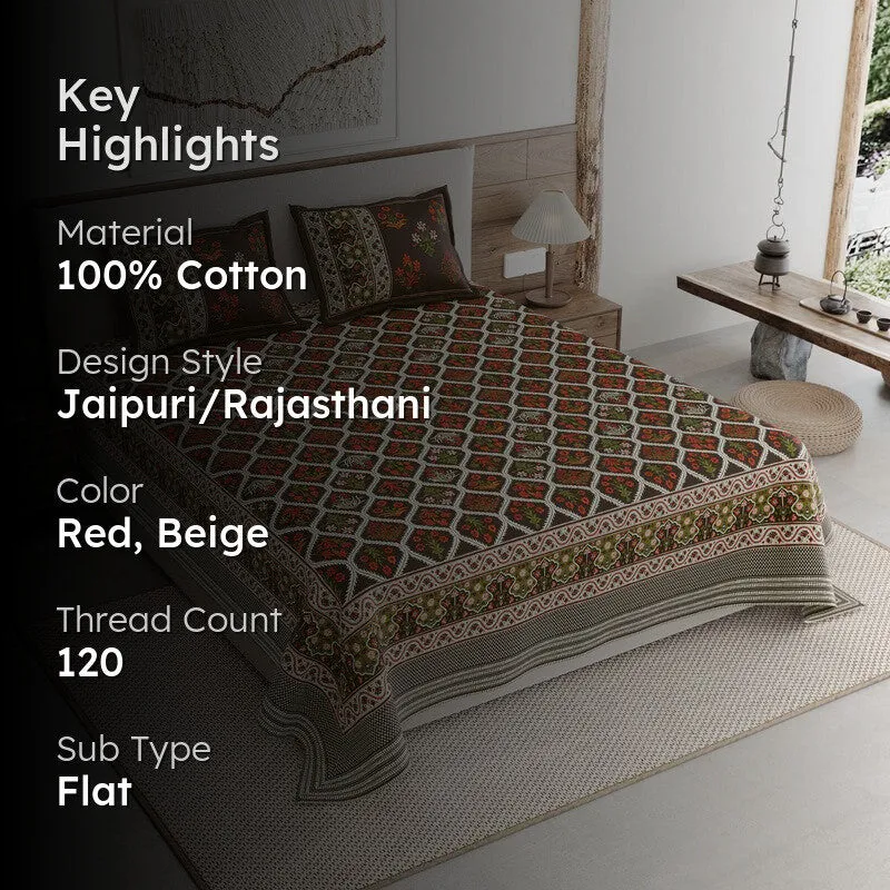 Desert Bloom Cotton Bedsheet (Red,Beige) - 120 TC media 2