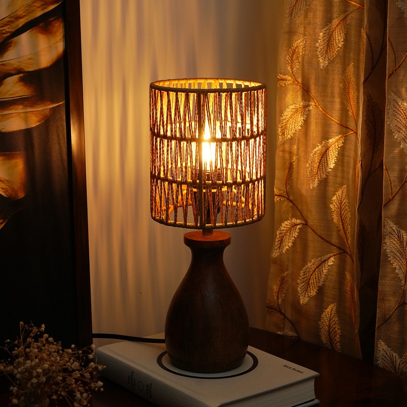 Canetra Amber Wooden Base Cotton Table Lamp - Beige,Brown