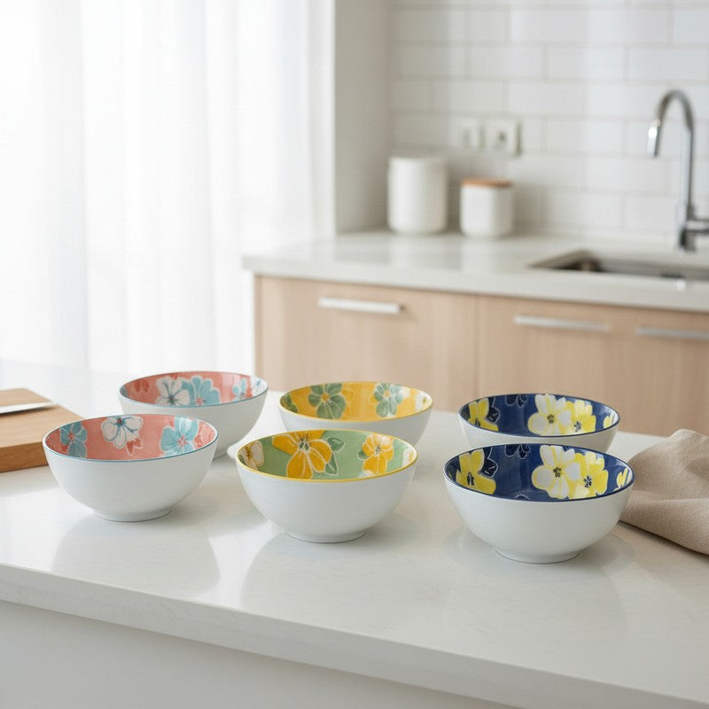 Feast Bloom Ceramic Serving Bowls (400 mL Each) - Set Of Six
