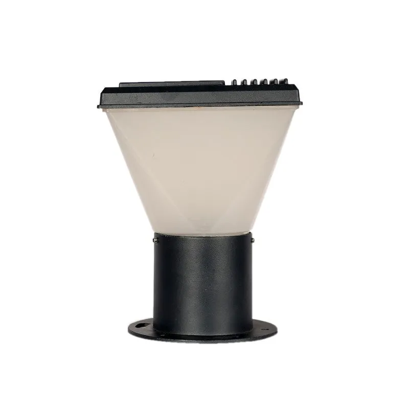 Front view of black outdoor lamp with tapered frosted white shade