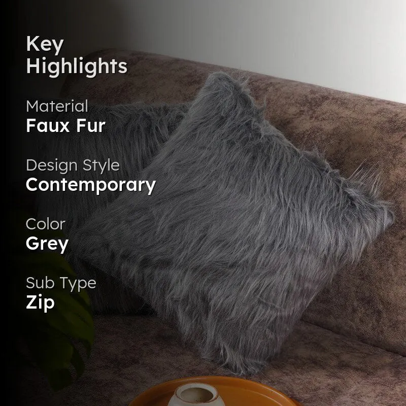 Velvuro Faux Fur Solid Cushion Cover (Light Grey) - Set Of Two media 2