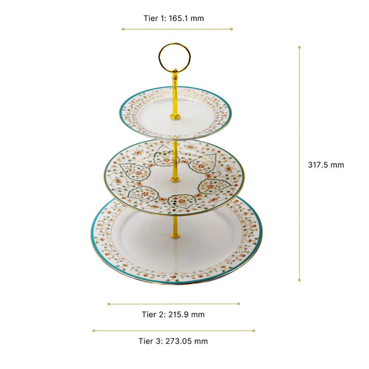 Three-tier dessert stand shown with tier-by-tier width and overall height measurements