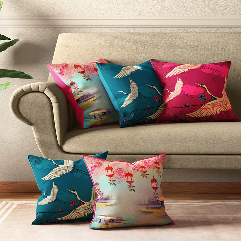 Oriental Crane Printed Satin Cushion Cover - Set Of Five media 3