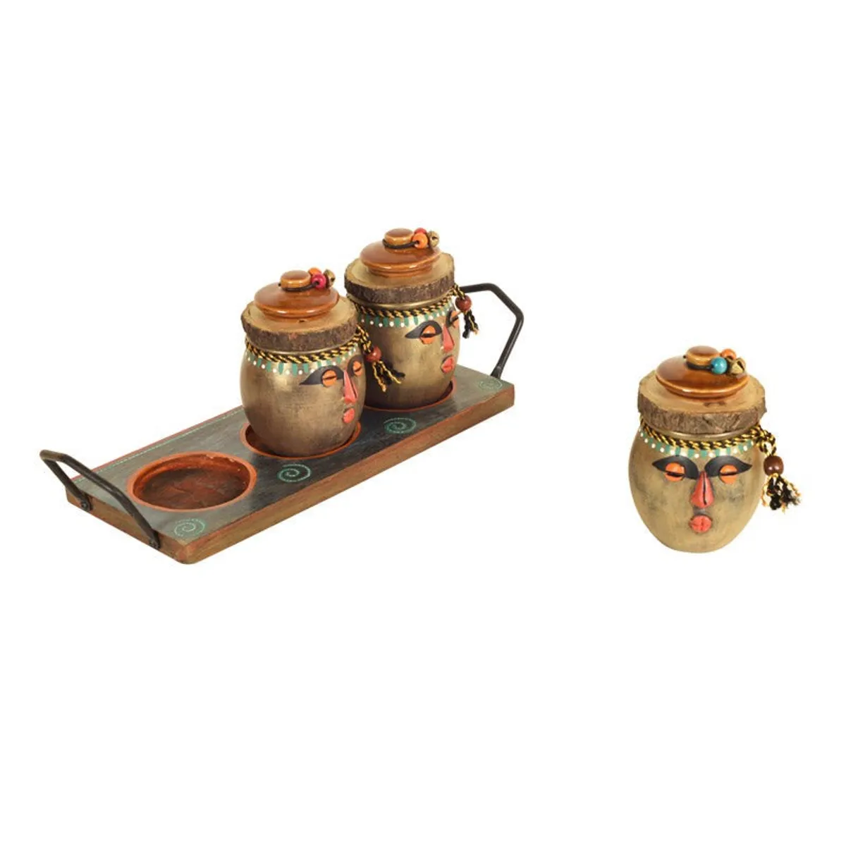 Three lidded face-decorated jars and one separate jar on a tray