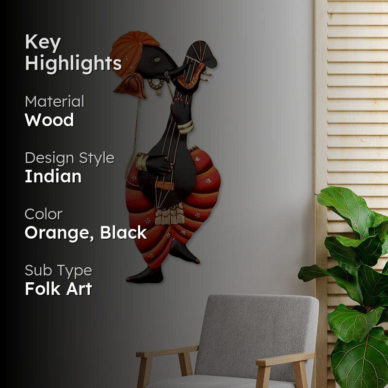 Veena Ganesha Religious Wooden Wall Accent media 2