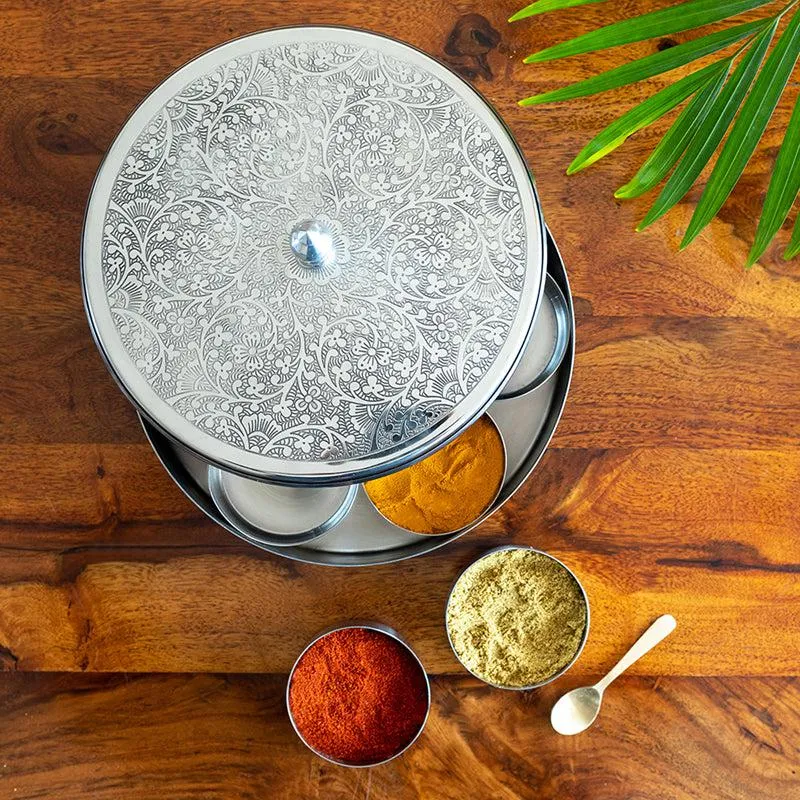 Shahi Rasa Hand-Etched Stainless Steel Masala Box media 1