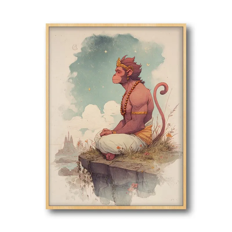 Divine Peace of Hanuman Ji Spiritual Archival Paper Wall Art - Natural Brown Frame media 5