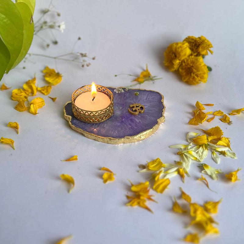 Om Handcrafted Agate Tealight Candle Holder - Purple