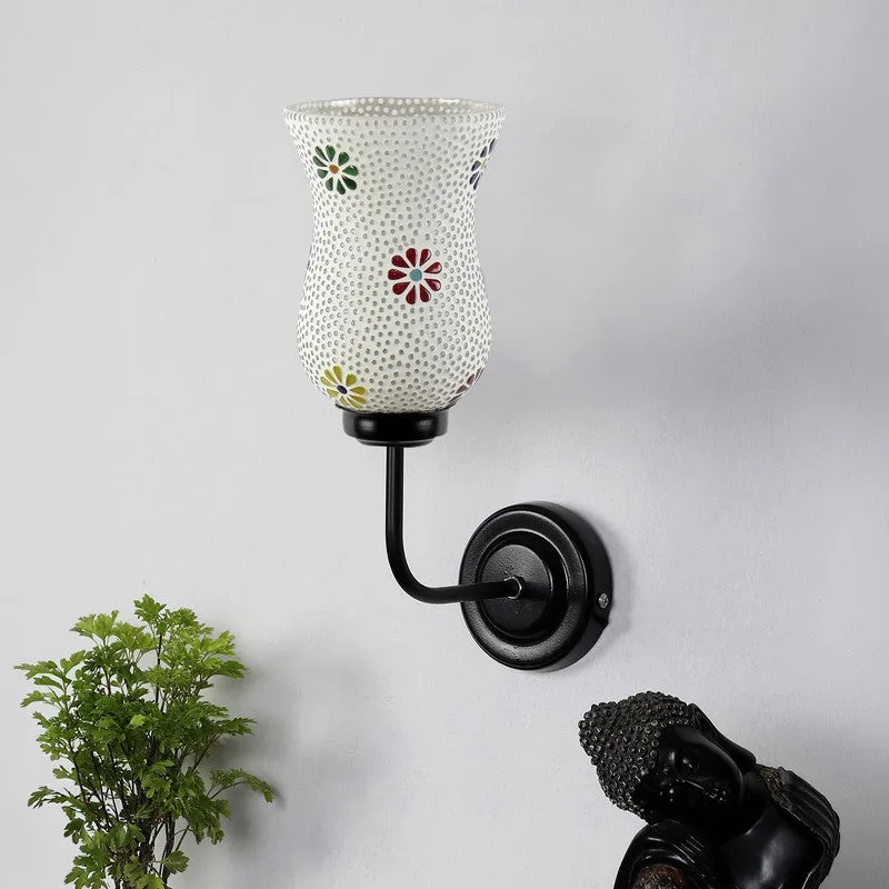 White mosaic glass wall lamp with black iron arm and multicolour floral details