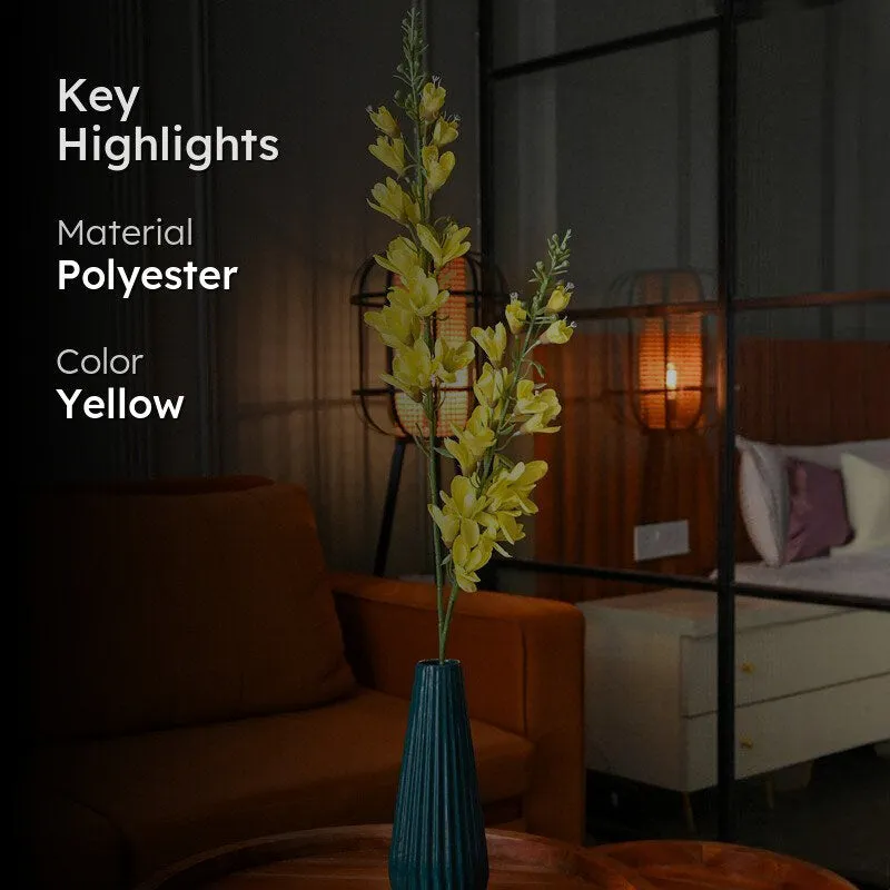 Yellow artificial flower stick in a teal vase shown with key highlights text.