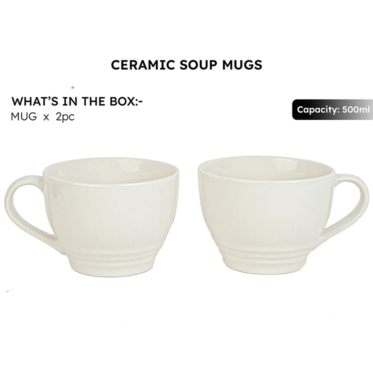 Two white ceramic mugs with curved handles shown side by side
