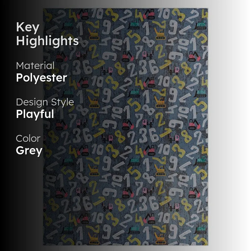 Grey rectangular carpet with colourful number pattern and crane illustrations