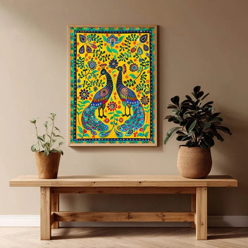 Colorful Peacock Folk Art Canvas Wall Painting With Brown Frame media 8