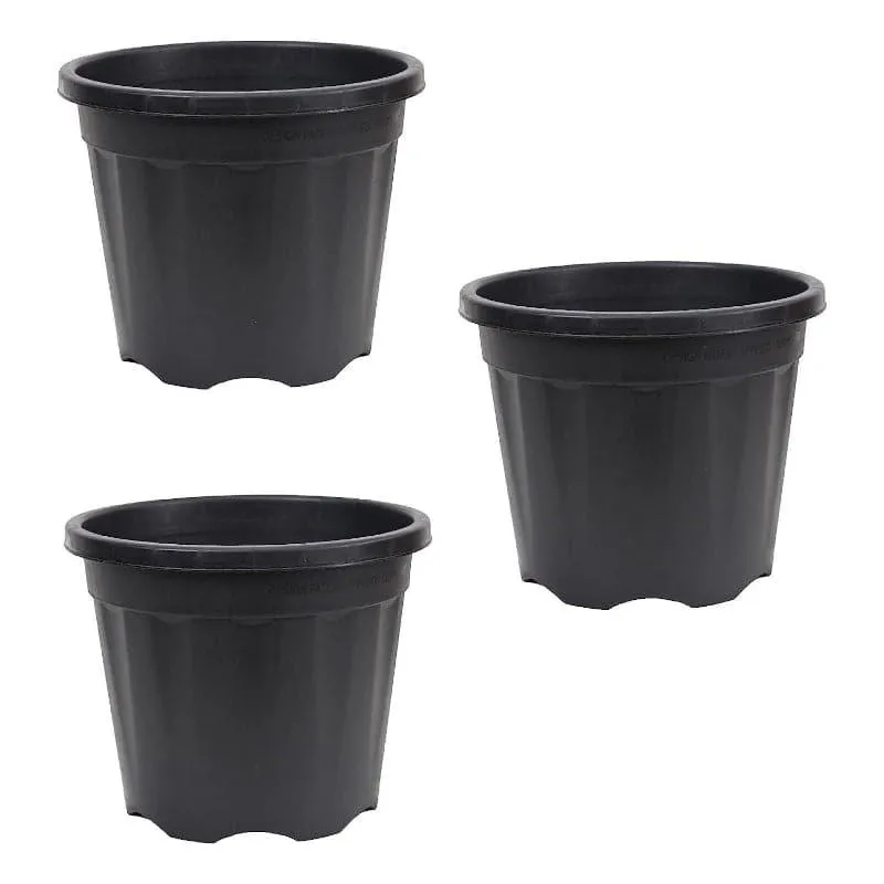 Three black plastic plant pots shown together