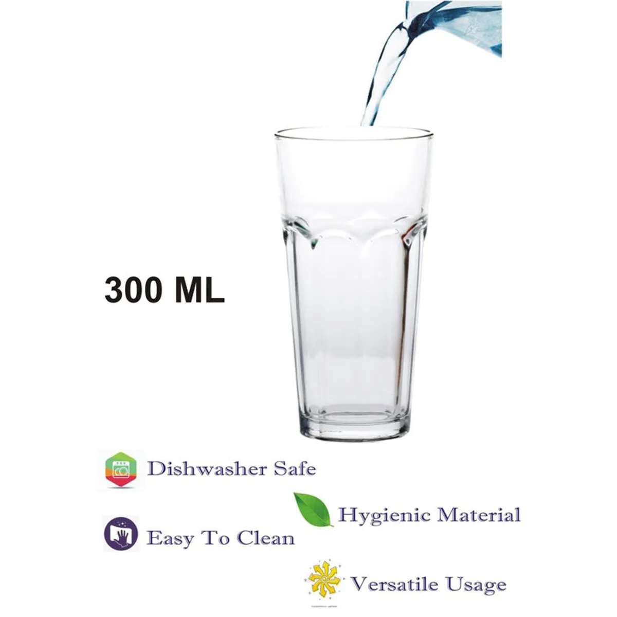 Clear highball glass with water being poured into it