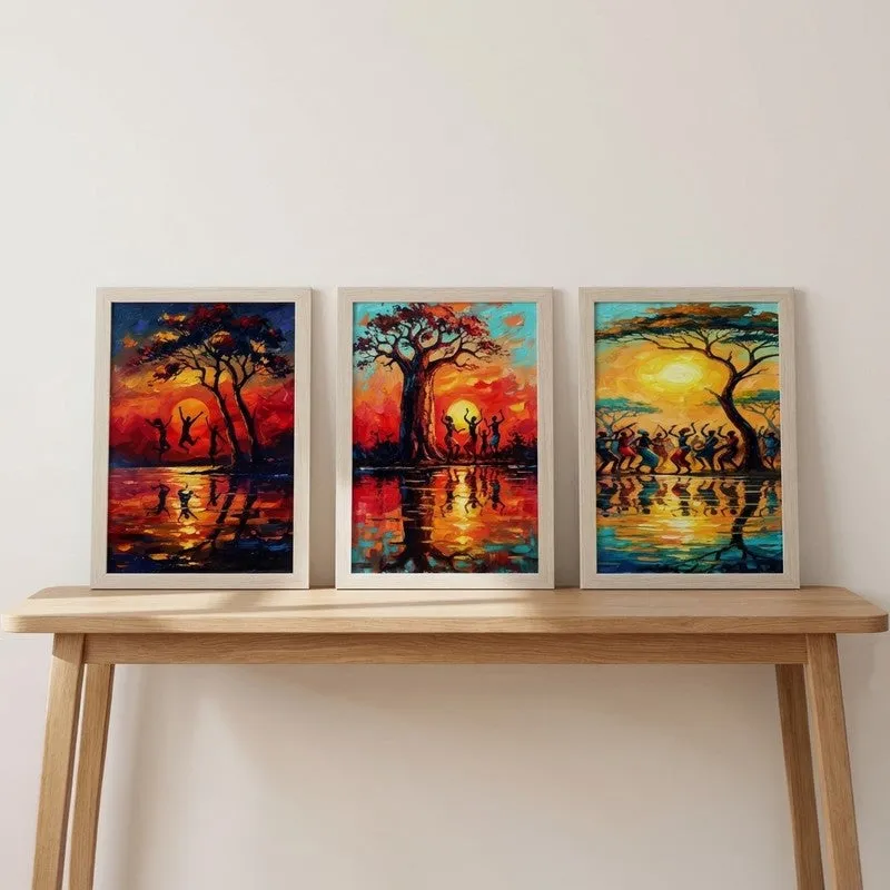 Serengeti Sunset Inspired Wall Painting With Frame - Set Of Three media 3