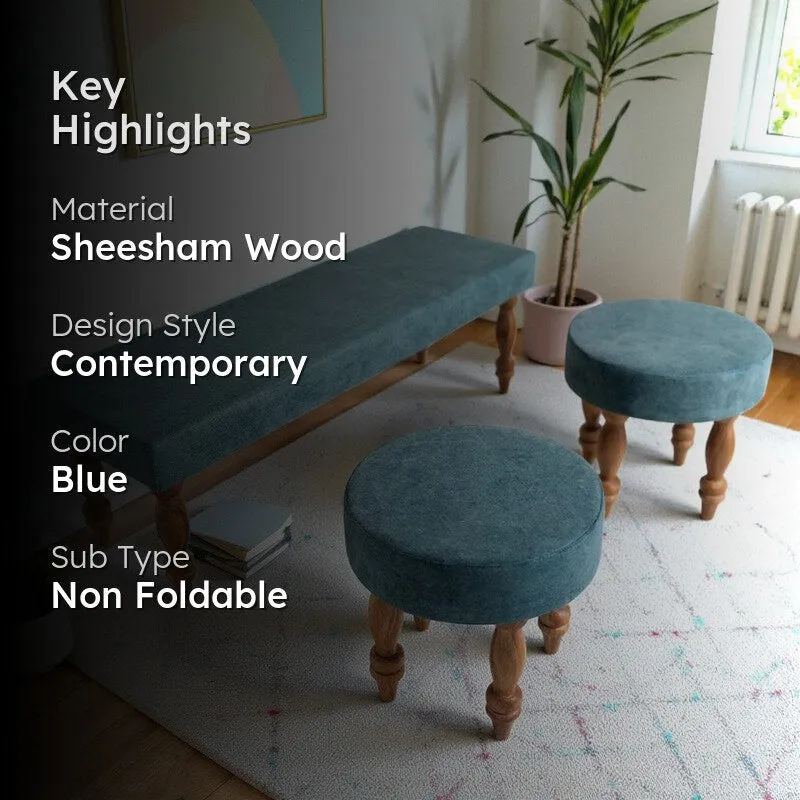 Axiro Sheesham Wooden Bench with Stools (Blue) - Three Piece Set media 2