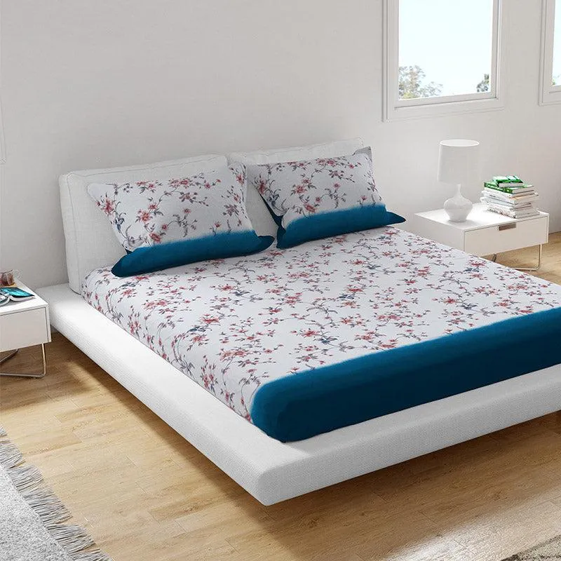 Bliss Percale Floral Cotton Bedsheet (Blue) - 400 TC media 1