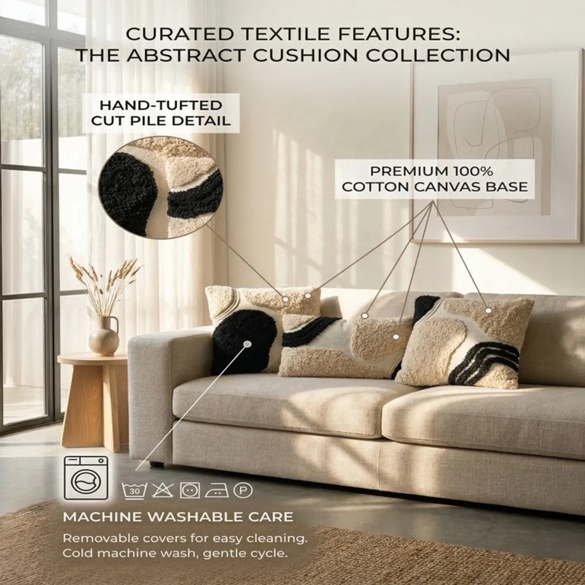 Abstract tufted cushion covers styled on a light sofa in a bright room