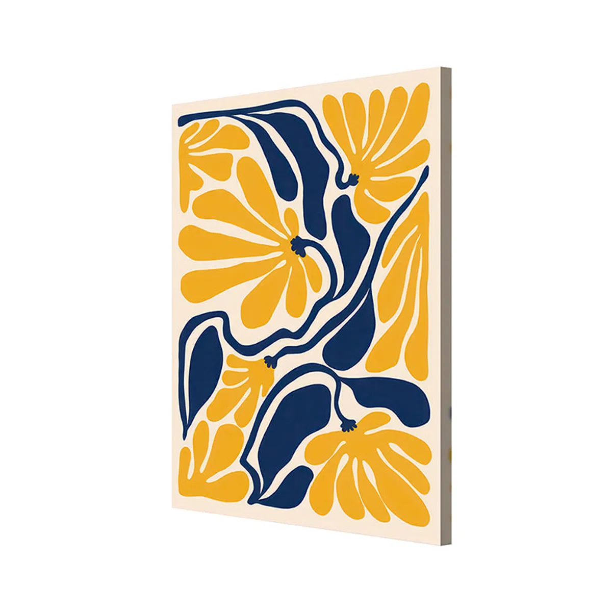 Angled view of abstract yellow and blue floral canvas wall painting