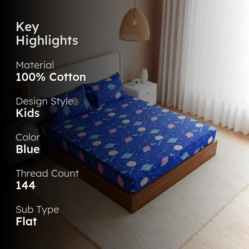 Galaxy Ride Kids Neon Print Cotton Bedsheet (Blue) - 144 TC media 2