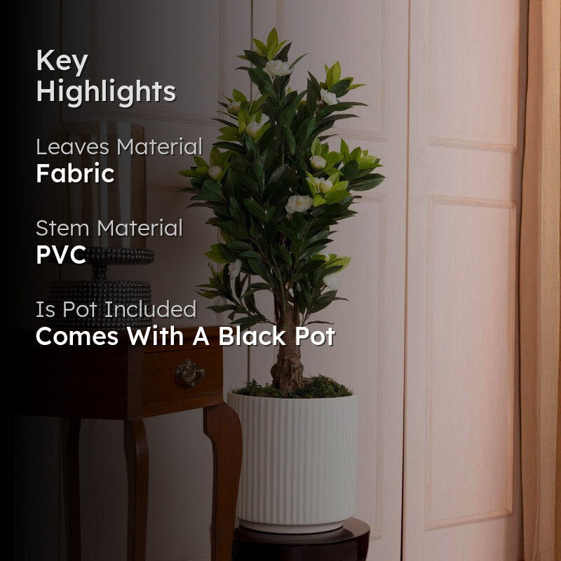 Artificial White Camelia Rose Plant With Black Fiber Pot - 2.6 Feet media 2