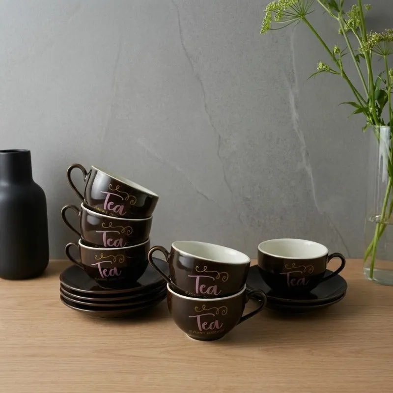 BrewBliss Porcelain Cup & Saucer (Deep Brown/220 mL Each) - Set of Six - 1