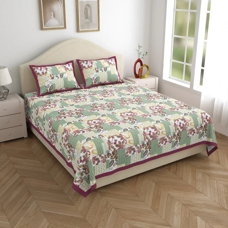 Ethnic Nest Cotton Bedsheet (Beige,Green) - 120 TC media 1