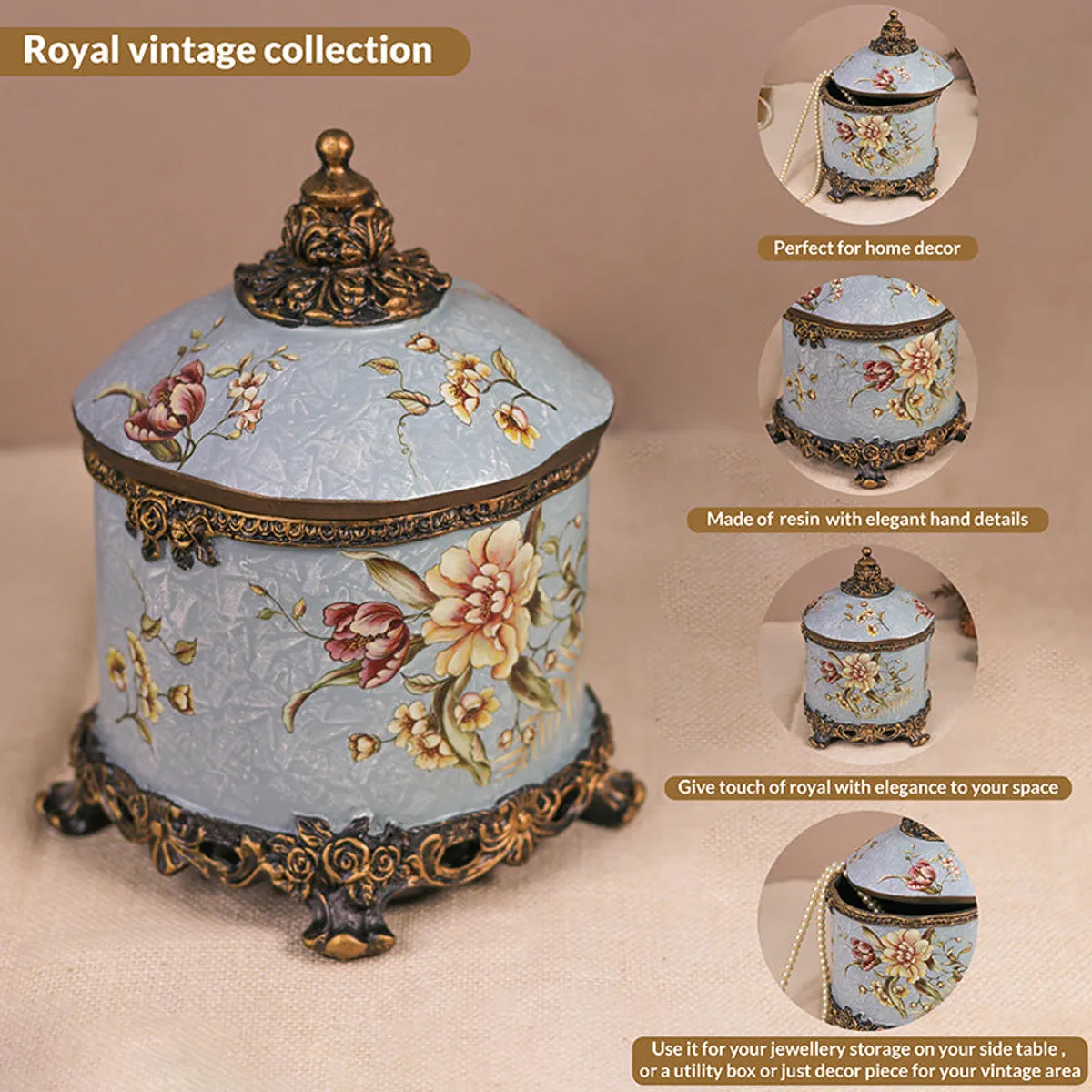 Blue floral jewel box displayed with jewellery in a vintage-style setting