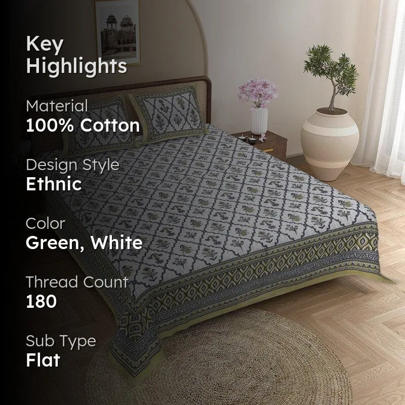 Adhira Ethnic Cotton Bedsheet (Green,White) - 180 TC media 2