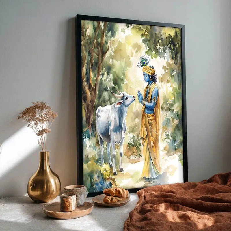 Krishna Spiritual Archival Paper Wall Painting With Frame - Black media 4