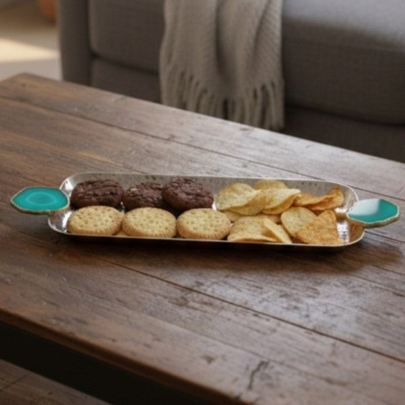 Aurora Edge Hammered (Metal,Agate) Rectangle Platter - Silver & Blue media 7