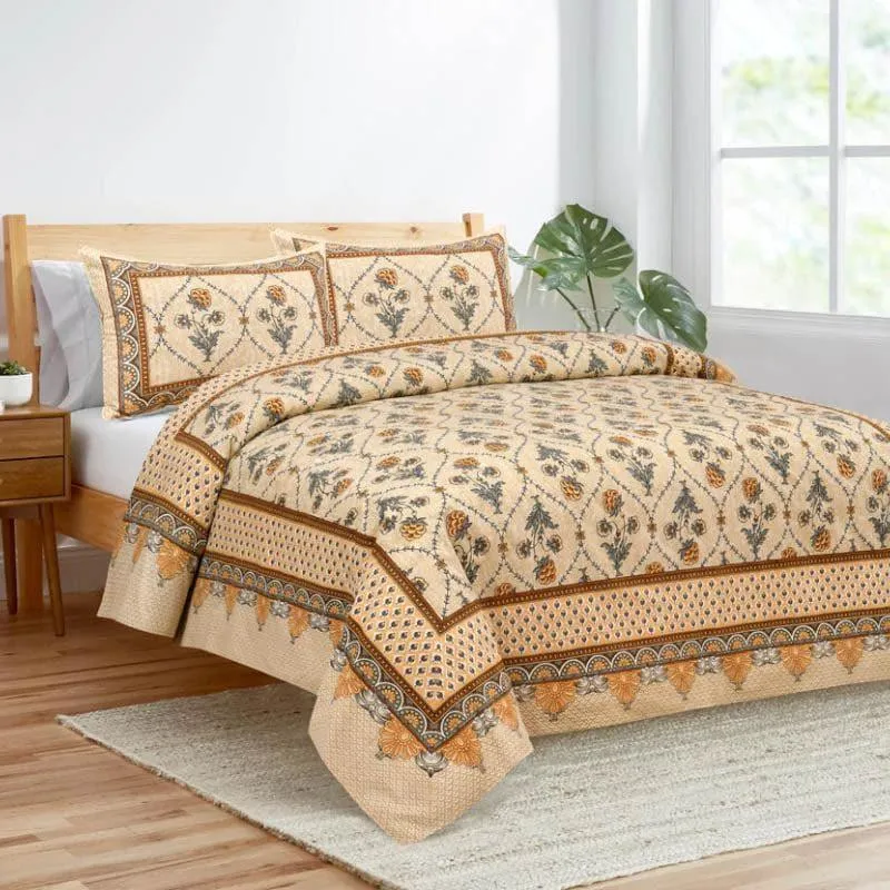 Mughal Jaali Printed Cotton Bedsheet (Yellow,Beige) - 120 TC media 1