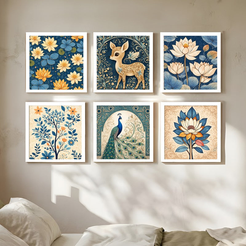 Indigo Vines Paper Wall Painting With Frame - Set Of Six media 4