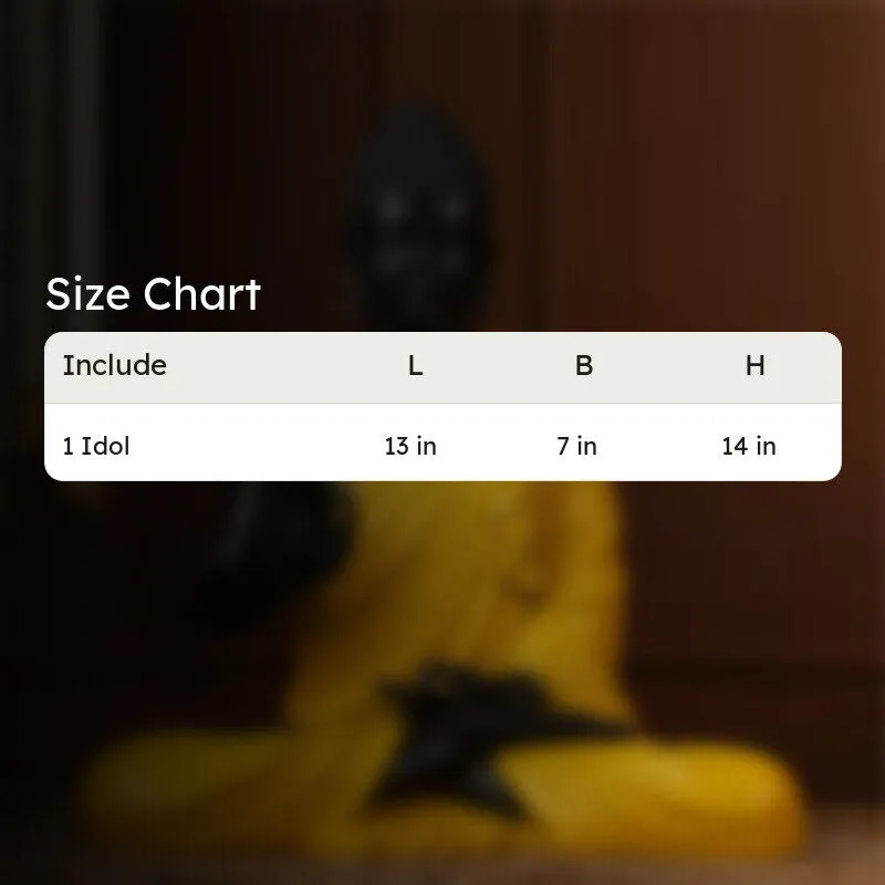 Blurred Buddha idol with size chart overlay