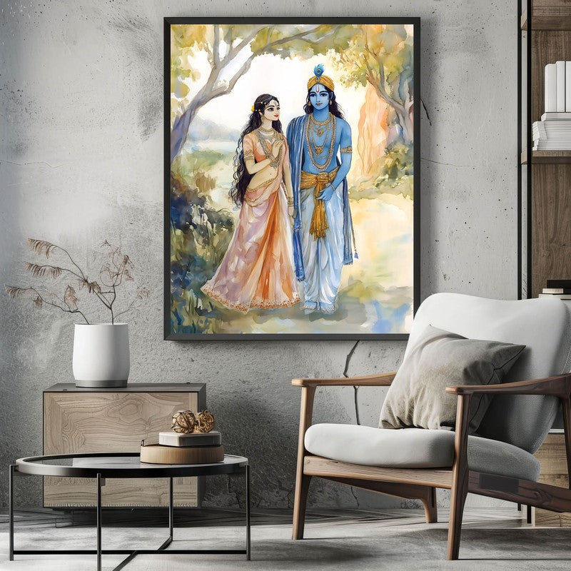 Radha Krishna Spiritual Archival Paper Wall Painting With Frame - Black media 3