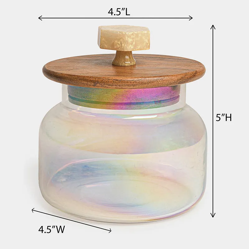 Front view of the iridescent glass jar with wood lid and visible size proportions