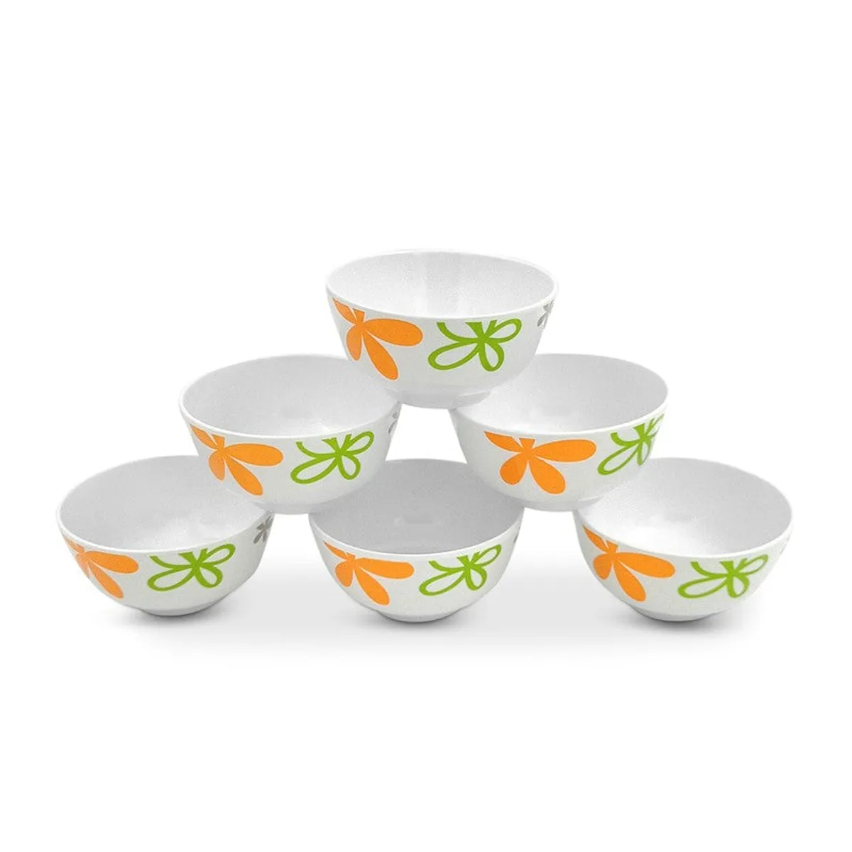Six white floral snack bowls arranged in a display