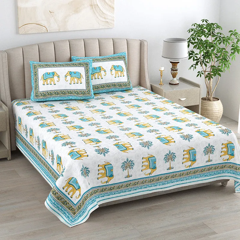 Palms & Tusks Cotton Bedsheet (Blue, Yellow) - 144 TC media 1