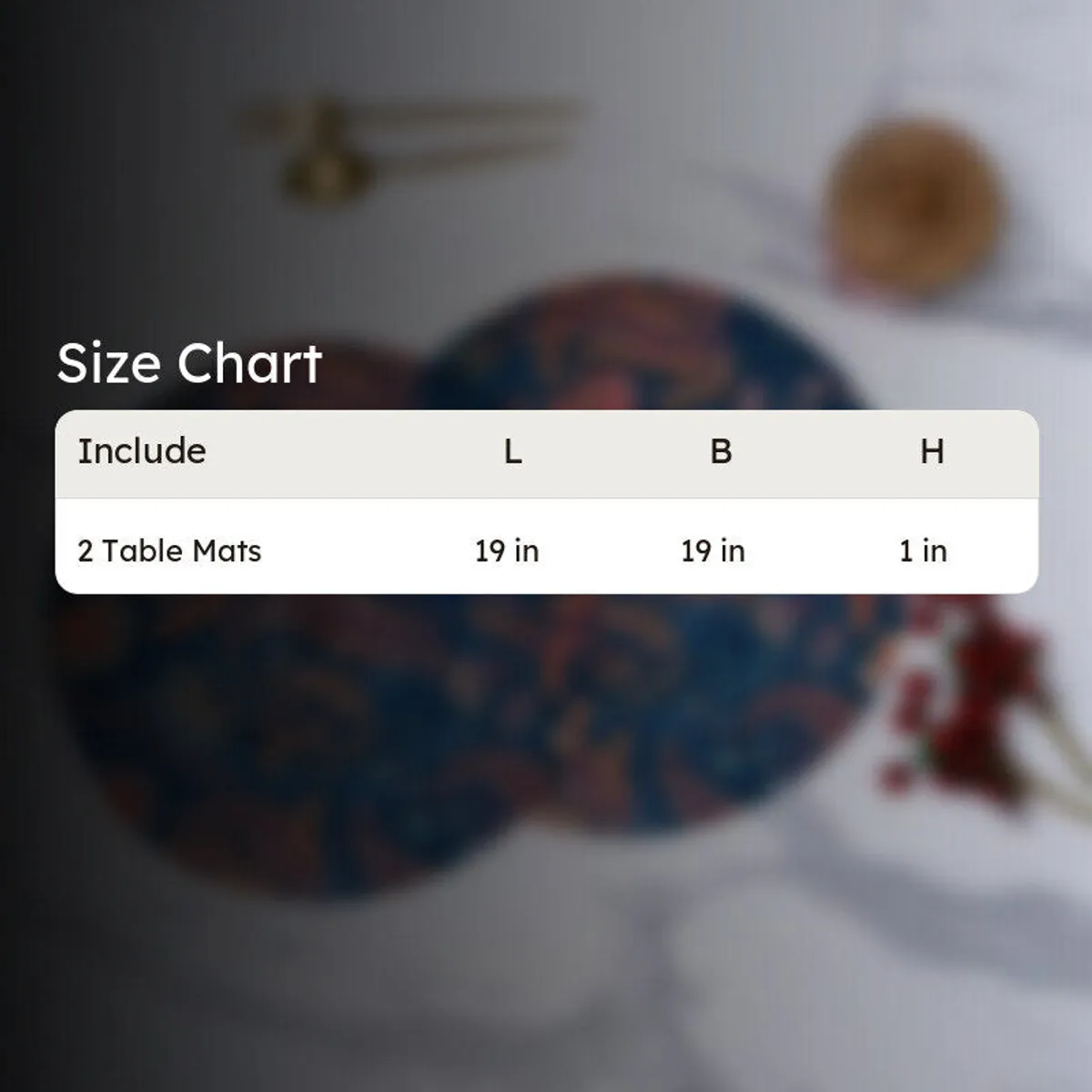 Size chart showing two table mats measuring approximately 19 by 19 by 1 inches