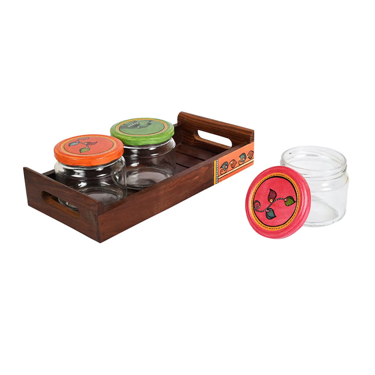 Three jars and a separate lid displayed with a wooden tray
