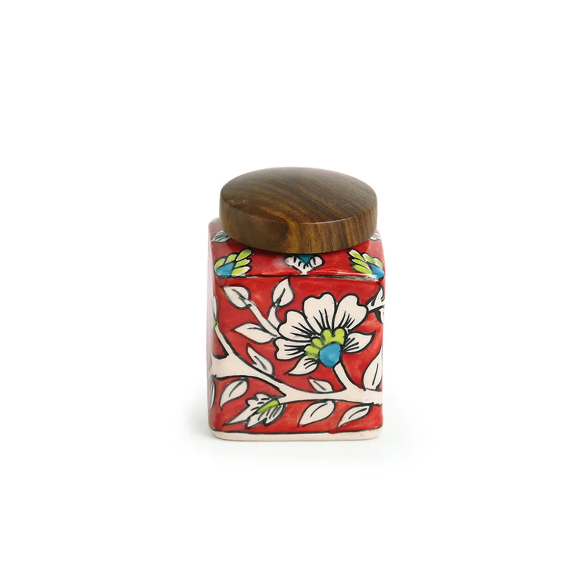 Front view of a red floral ceramic jar with a brown wooden lid