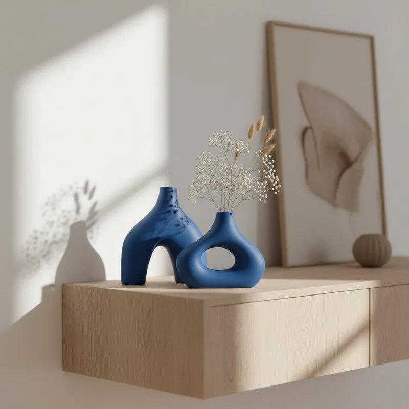 Noctra Sculptural Dual Ceramic Vase (Blue) - Set Of Two media 6