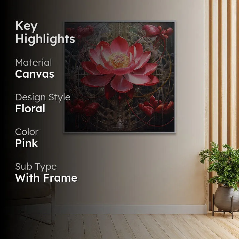Glowing Lotus Canvas Wall Painting With Frame - White media 2