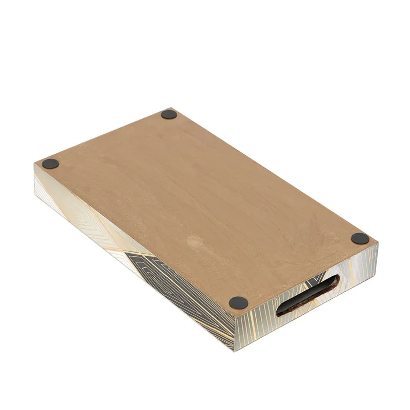Underside of a rectangular serving tray showing its MDF base and feet